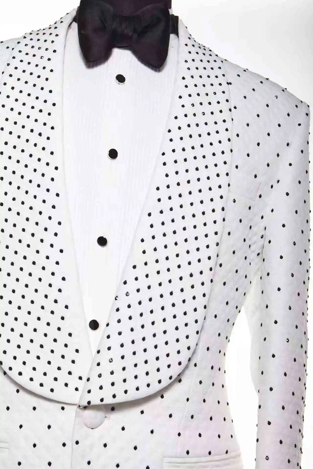 

White Beaded Men Suit Set 2 Piece Blazer+Black Pants Trousers Autumn Customized Formal Office Jacket Groom Wedding Tuxedo Coat