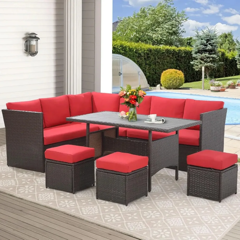 

7 Pieces Patio Furniture Set Outdoor Sectional Sofa Conversation Set All Weather Wicker Rattan Couch Dining Table with Ottomans