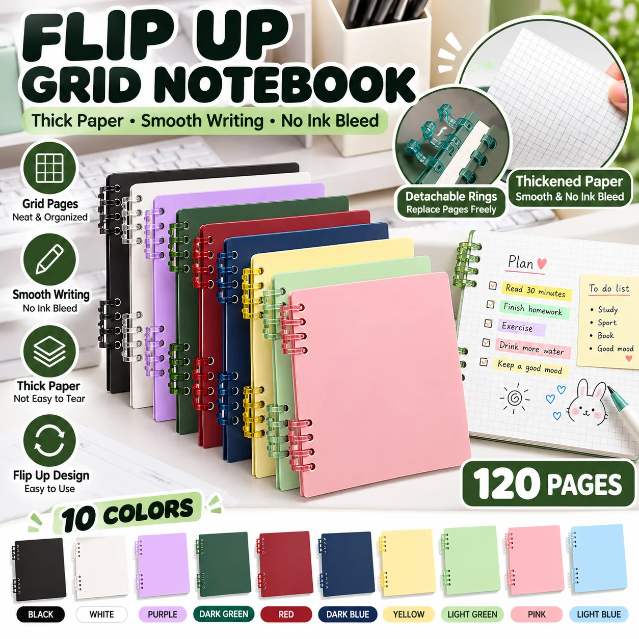 1/2/4/8/10Pcs Grid Notebook Refillable Loose Leaf Binder 120 Pages Detachable Rings PP Cover Square Graph Paper For Students
