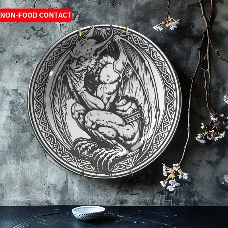 1pcGothic Demon Samurai Ceramic Decorative Plate Black and White Art Display Dish for Home Desktop Non-Food Contact Unique Gift