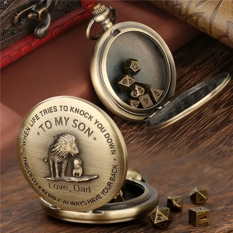 

Vintage 7 X Metal Polyhedral Dice Role Play Gaming Dices with To My Son Love Dad Design Pocket Watch Case Pendant Chain Gifts