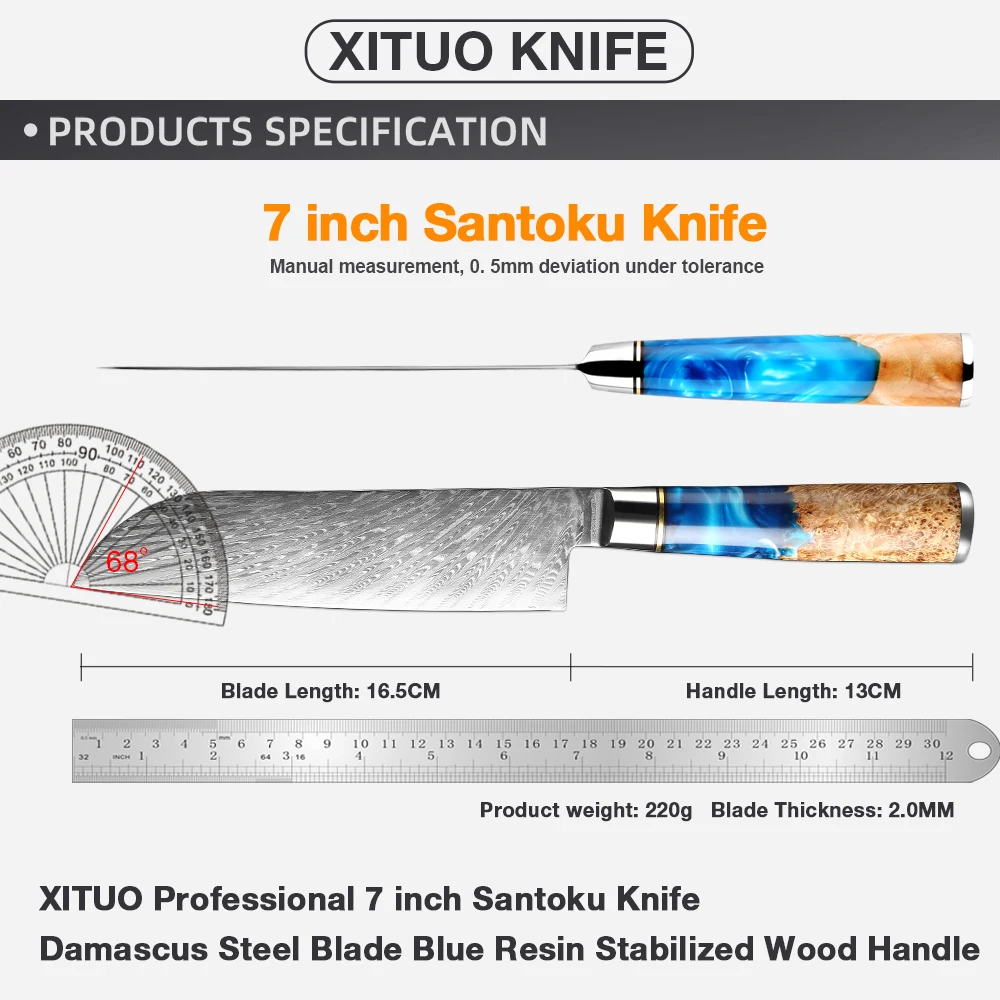 XITUO Damascus Steel VG10 Santoku Knife Chef Knife Raw Fish Fillet  Fish Kitchen Knife Blue Resin Color Wood Handle Cooking Tool