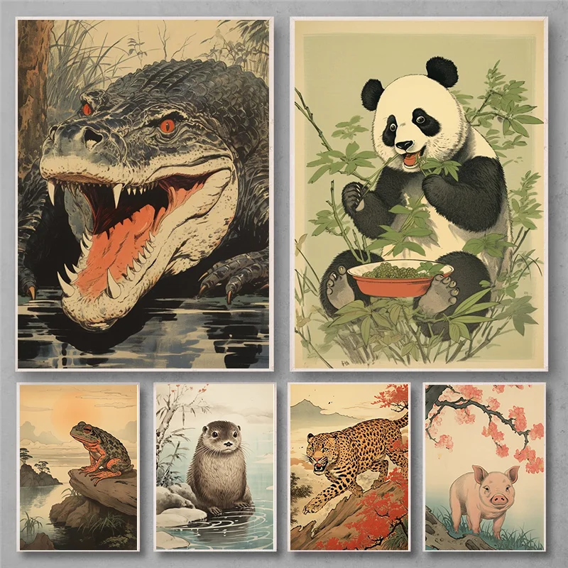 الرجعية اليابانية جدار الفن Ukiyo-e الفهد والتمساح الحيوان طباعة الملصقات الجمالية غرفة المعيشة المنزلي اللوحات الزخرفية مجموعة