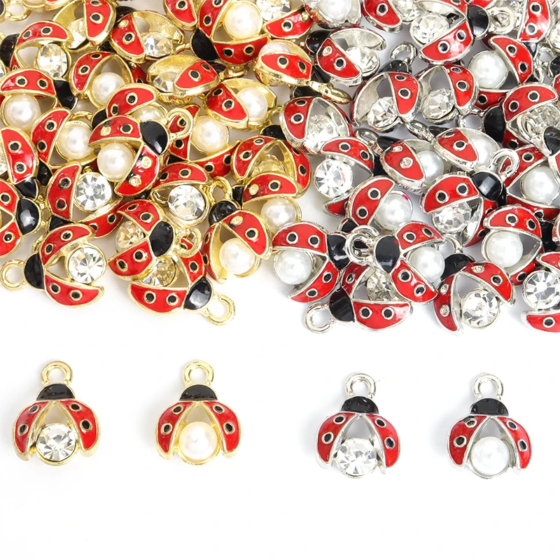 10pcs Ladybug Enamel Charms Inlaid Crystal Pearls Insect Pendants Interesting DIY Necklace Earrings Keychain Jewelry Accessories