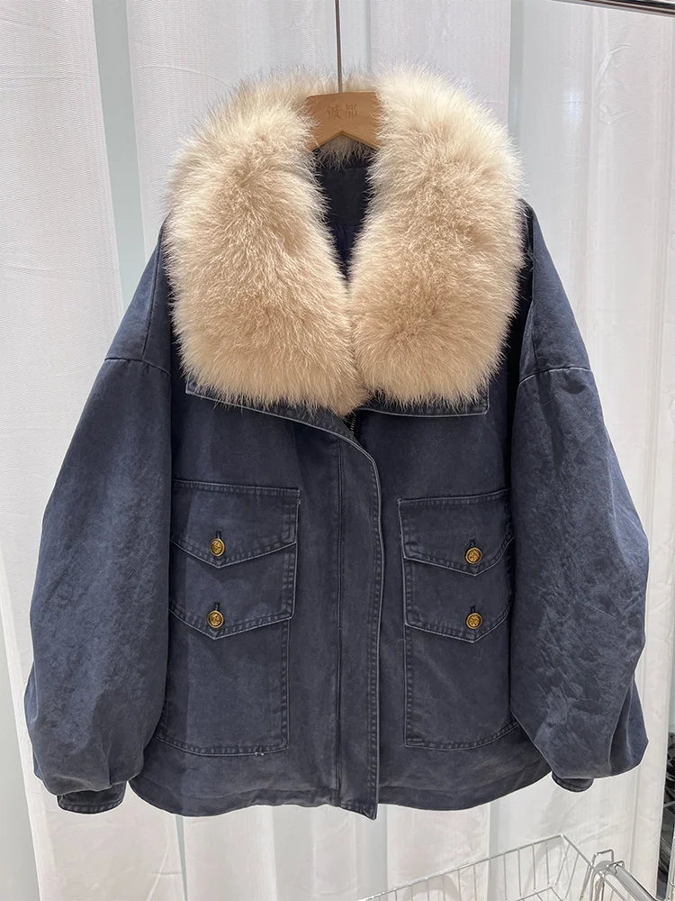 Cusual Winter Warm Women Real Natural Fox Fur Collar Goose Down Jackets Loose Puffer Parka Jackets Thick Female Streetwear