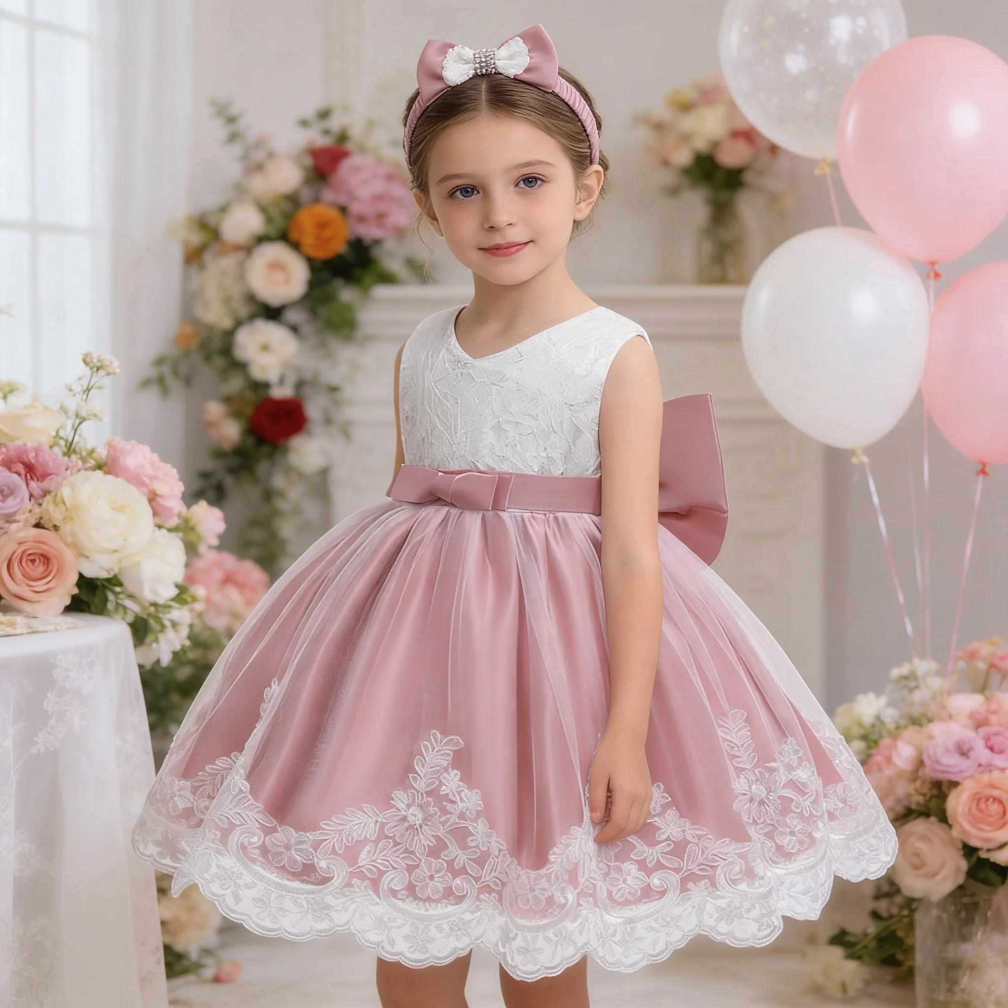 

Summer Flower Girls Dress Elegant Princess Dress Baptism Bridemaid Ball GownTulle Birthday Wedding Kids Prom Clothes