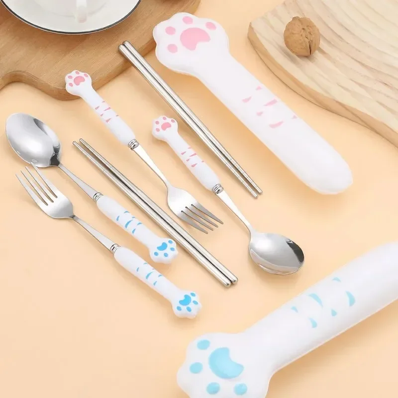 Cartoon Cute Cat Claw Spoon and Fork Set  Chopstick Cutlery Student Children Outdoor Camping Portable Kawaii Kitchen Accessories