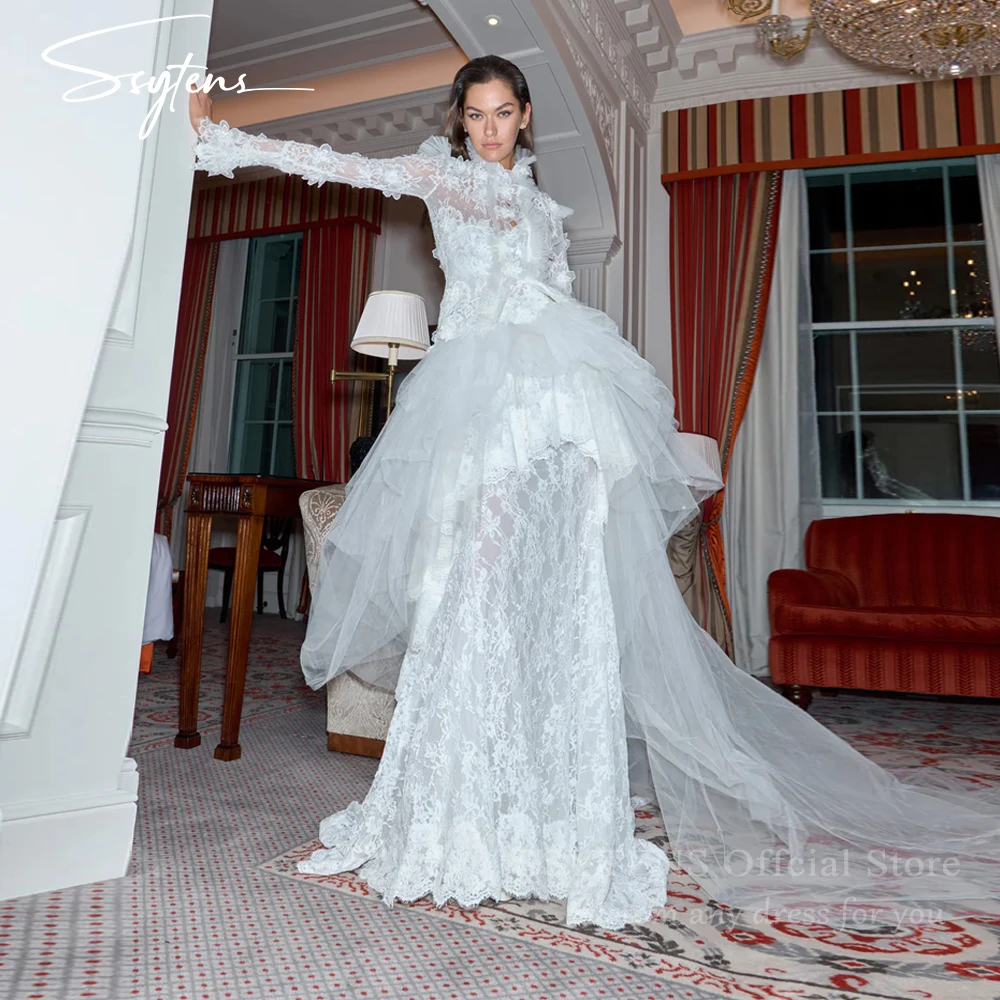 

SSYTENS High Neck 2 Pieces Long Sleeves Wedding Dress Women Fashion Style Lace Long Bridal Dress Vestidos De Fiesta Customized