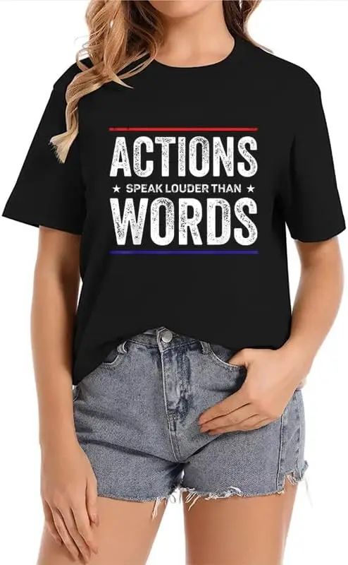 Actions Speak Louder Than Words Crew Neck Casual Short Sleeve Vintage Summer Graphic T-Shirt for Women