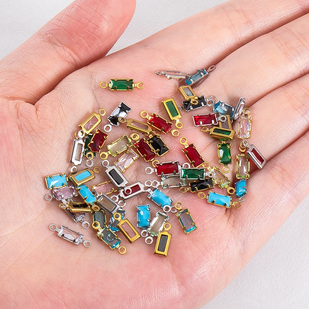 10pcs Stainless Steel Crystal Glass Rectangle Charms Single-Hanging Pendants Double Holes Charm for Necklaces DIY Jewelry Making