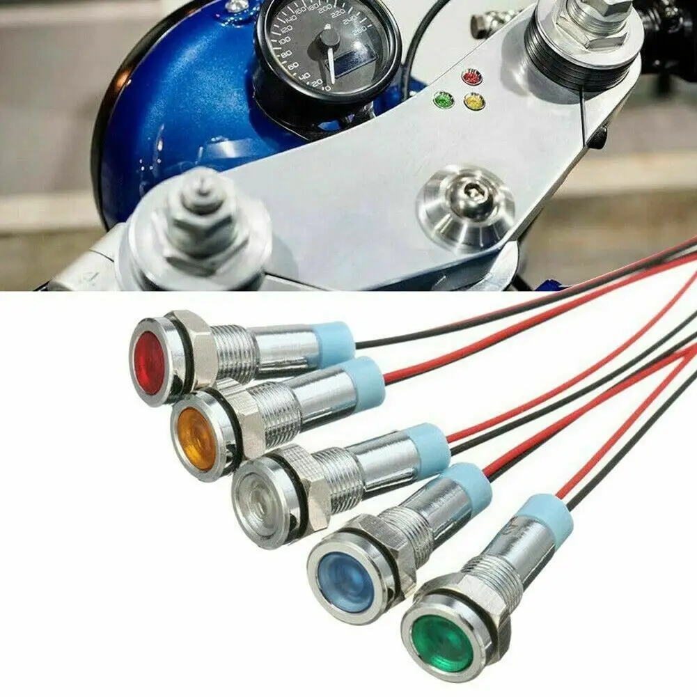 5Pcs Metal Waterproof 6/8/10/12mm 12-24VDC LED Signal Indicator Light with Wire Car Boat Dash Dashboard Panel Warning Pilot Lamp