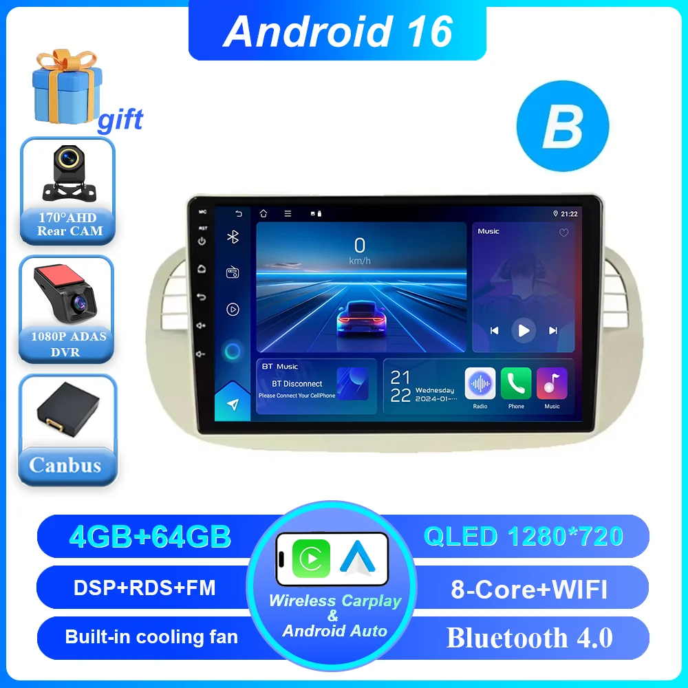 Auto DVD Android 16 Radio Stereo voor Fiat 500 2007-2015 Auto Multimedia Speler GPS Navigatie Hoofdunit Hoge-Prestatie CPU WIFI