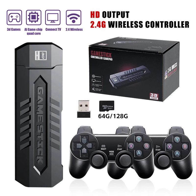 GD20 Game Stick 3D HD Retro Video TV Family Game Console 4K Game Stick 30000 Games for 128G With Wireless Controller PS1