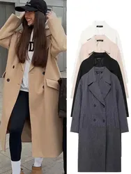 HH Women's 2025 Winter New Fashion Solid Color Linen Coat Retro Lapel Double-Breasted Coat Women's Chic Casual Warm Coat Y2K