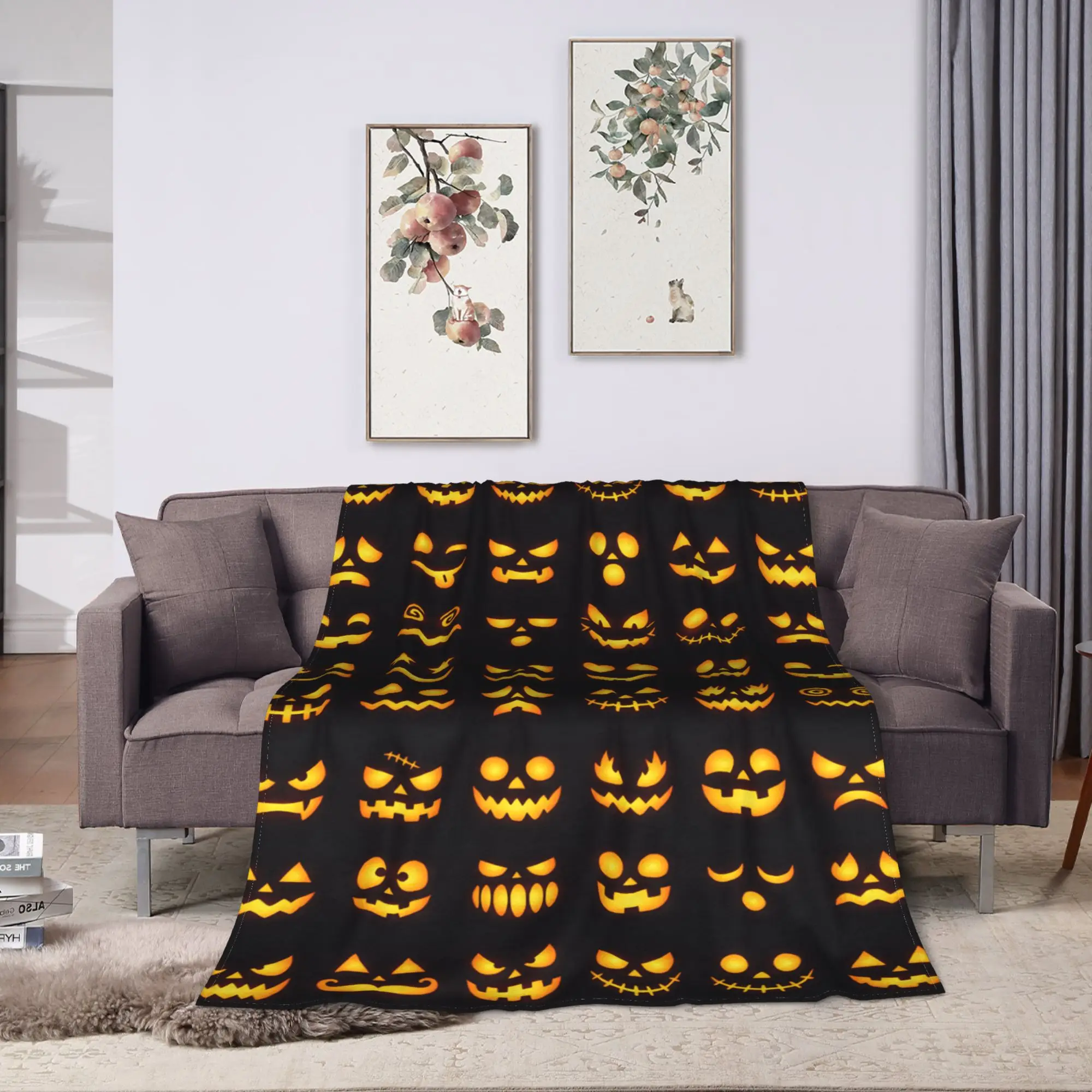 Halloween Glowing Jack O Lantern Different Face Collection Blanket Warm Soft  Throw Blanket Winter Home Plane Travel Bedspread