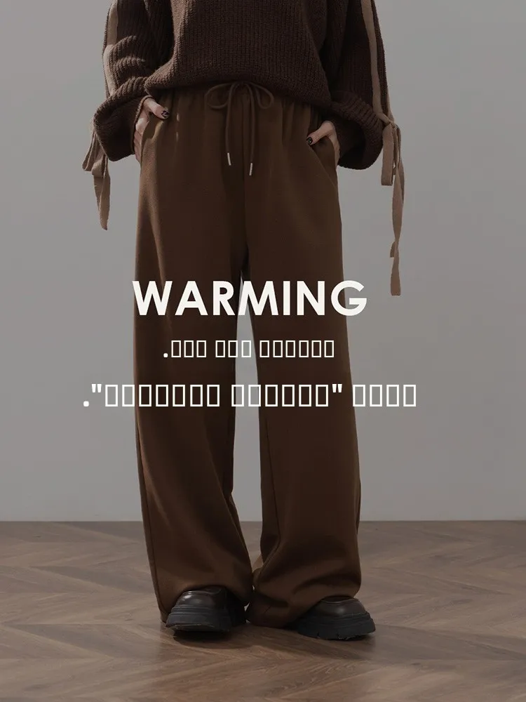 

QUEENOP Autumn Winter New Women's Casual Warm Fce Lined Twill Long Pants Elastic Waist Cotton Polyester Blend Straight Leg