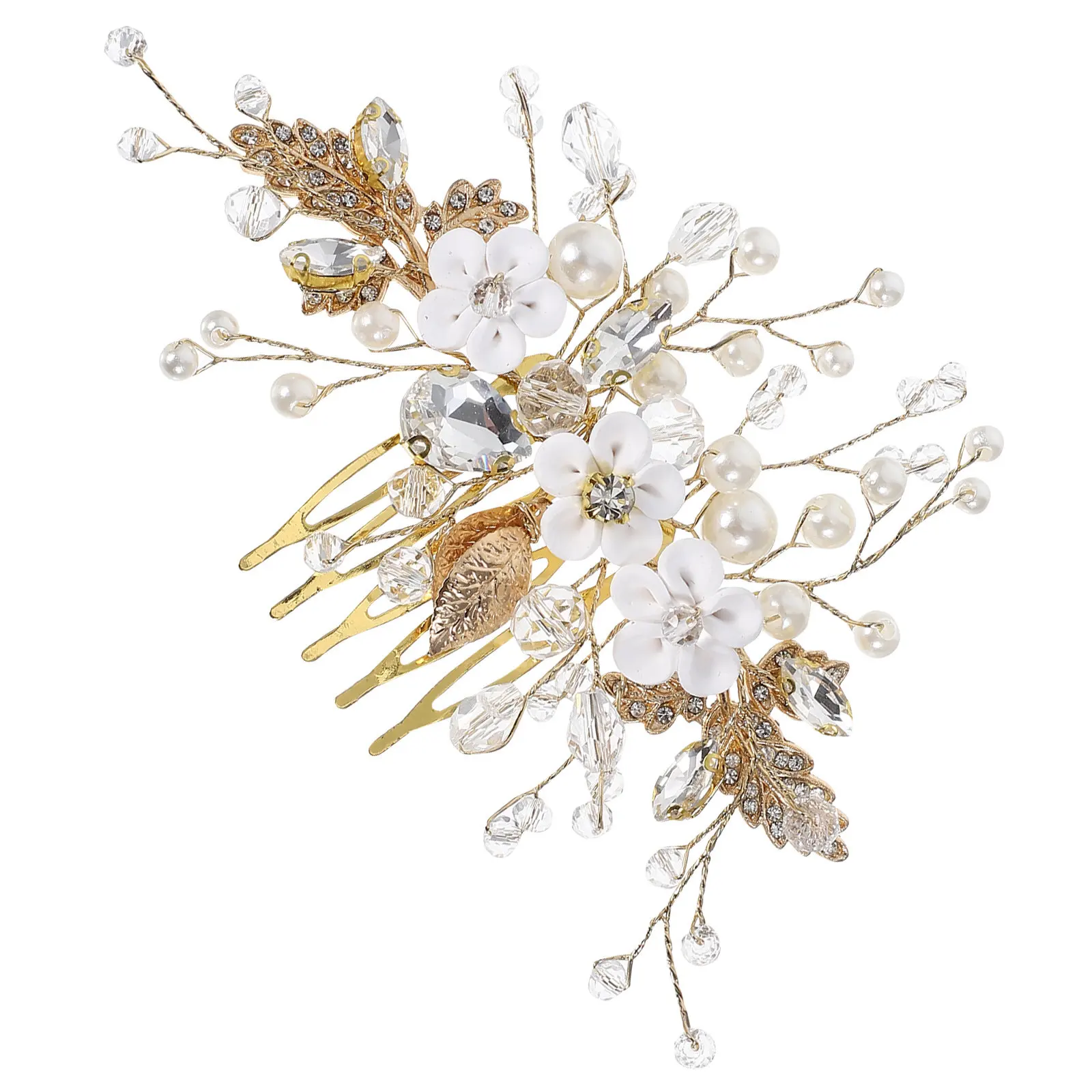 

Handmade Bridal Headpiece Artificial Flowers Beaded Rhinestone Hair Comb Wedding Hair Accessories for Bridesmaids