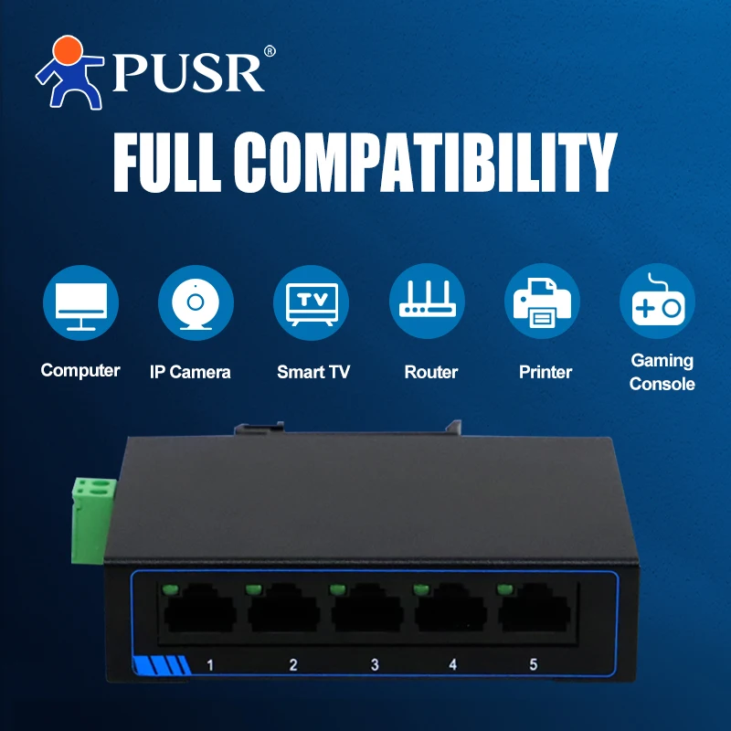 PUSR 5/8 Ports Gigabit Ethernet Switch Unmanaged DC/Terminal Power Plug and Play DIN rail and desktop placement USR-SG1005/1008