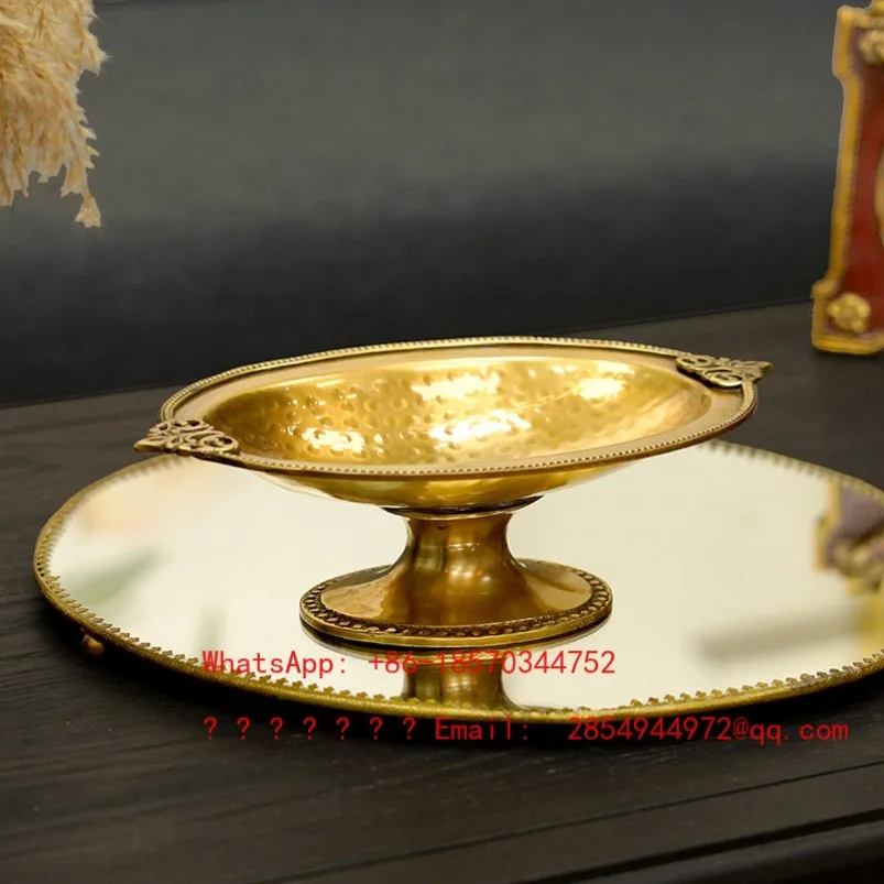 

European American Handmade Retro Hammer Brass Hollow Handle Coffee Table Fruit Plate Storage Plate Jewelry Plate