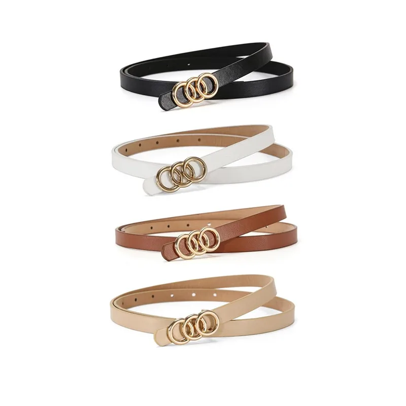 A set of thin waist belts with golden three-loop buckles. It's a versatile style suitable for spring and summer, and can be pair