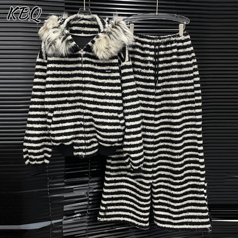 

KBQ Hit Color Two Piece Sets for Women Hooded Long Sleeve Spliced Feather Coats High Waist Loose Pants Casual Loose Set Female