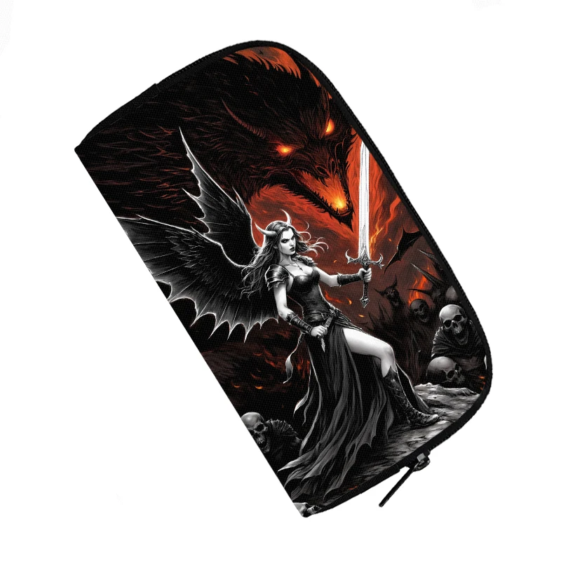 Punk Black Angel and Demon Print Wallet Women Purse ID Credit Card Money Bag Long Wallet Phone Holder Ladies Clutch Purses