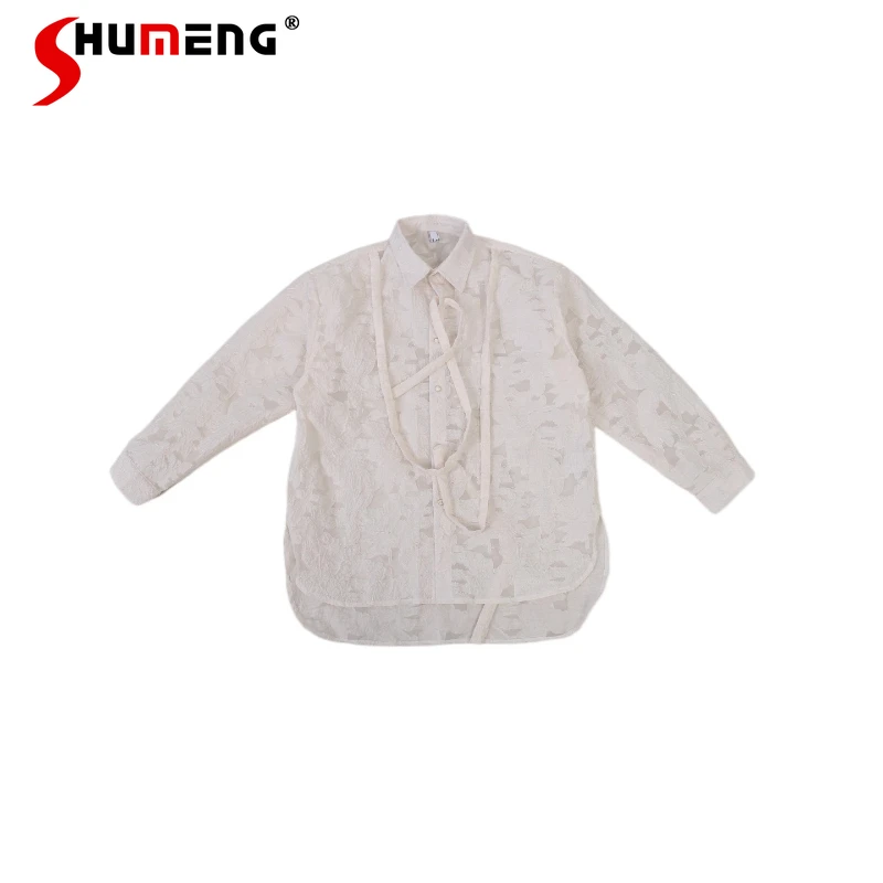 

Men's 2025 Autumn New Original Design Trendy Tops Lace Slightly Transparent Shirts Male Long Sleeve Elegant Loose Comfort Shirts