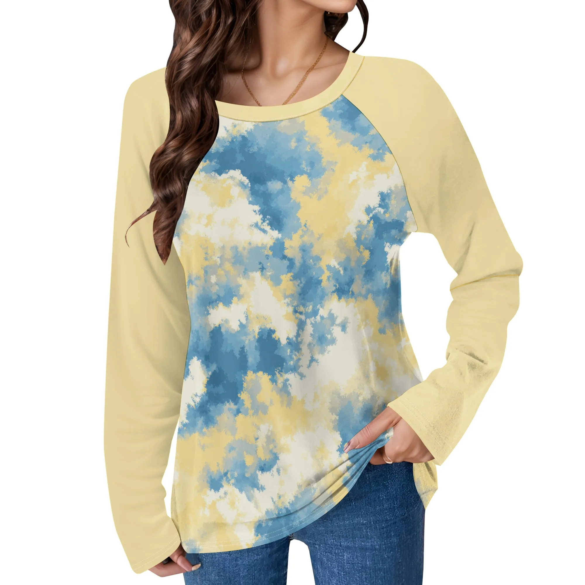 

Womens Tie Dye Crewneck Pullover Shirt Lightweight Sweatshirt Casual Loose Trendy Puff Sleeves Long Sleeve Tops