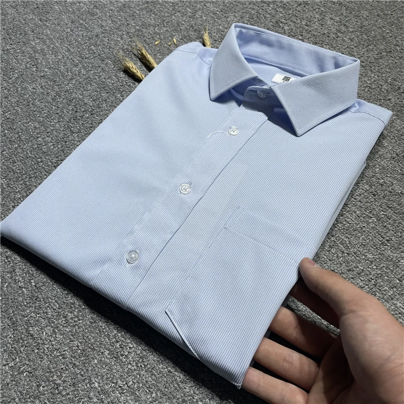

Water Soluble Cotton Men's Long Sleeve Shirt Autumn Season Slim Fit Stripe Pattern Turn down Collar Industrial Cutting Label