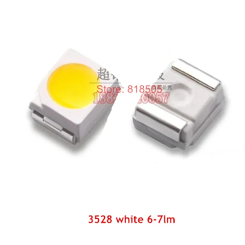 100 개 3528 화이트 6-7lm SMD LED 트루 화이트 6000-7000K, 내추럴 4000-5000K, 웜 2800-3200K, 쿨 9000-13000K 20mA 2.8-3.0V