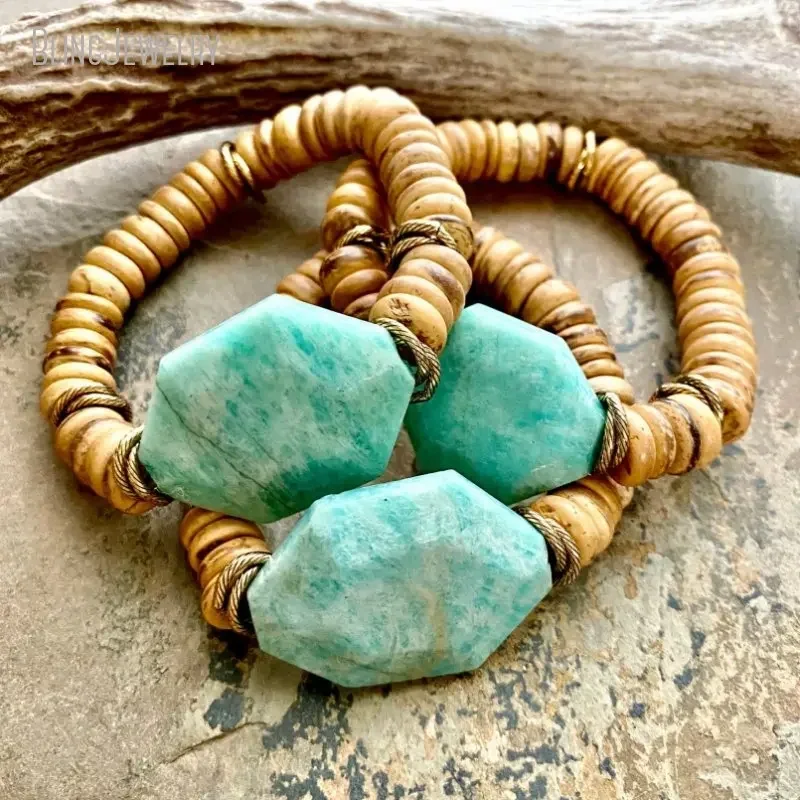 10pcs Amazonite Coconut Wood Discs Beaded Gemstone Healing Crystal Bracelet Stacking Women Boho Hippie Jewelry Gift