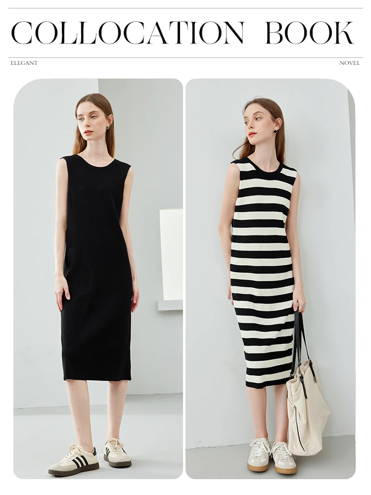 Vimly Striped Casual Straight O-neck Knitted Tank Dress 2024 Spring High Strecth Sleeveless Midi Dresses Female Clothing 72728