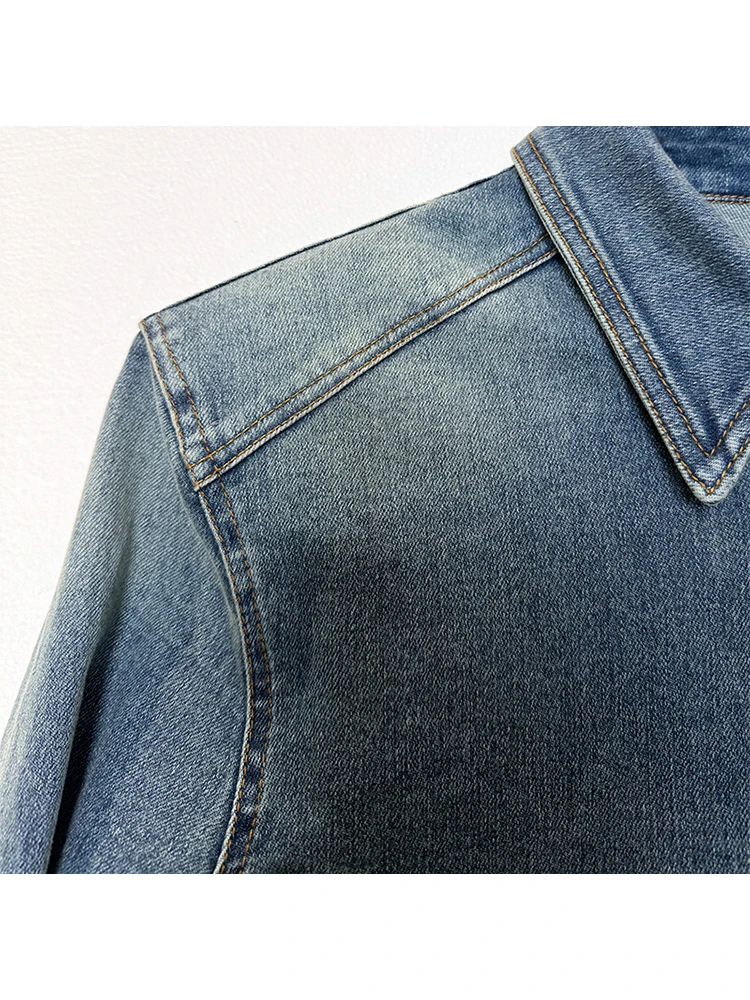 CIZZLEMORE Blue Fashionable Versatile Women's Denim Shirt Washed Elastic Waist Slimming Gradient Color Long Sleeve Cotton Blend