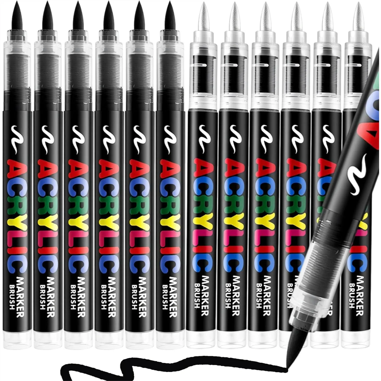 

12 Acrylic Paint Markers Brush Tip for Rock Painting, Wood, Glass, Ceramic, Canvas, Fabric, Stone, DIY Crafts Kit, Art Supplies