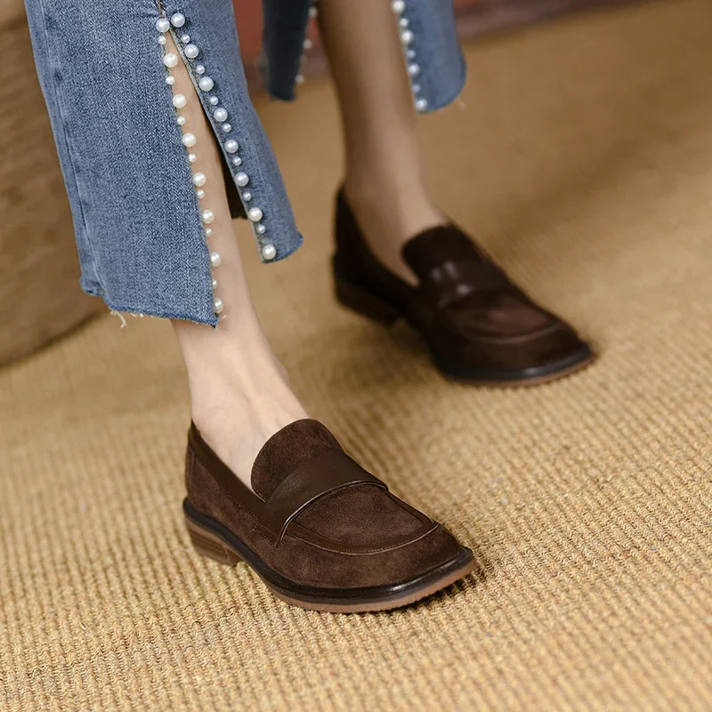 New Spring Sheep Suede Women Shoes Retro Round Toe Loafers Casual Thick Heel Slip-On Shoes for Women Zapatos Mujer Women Pumps