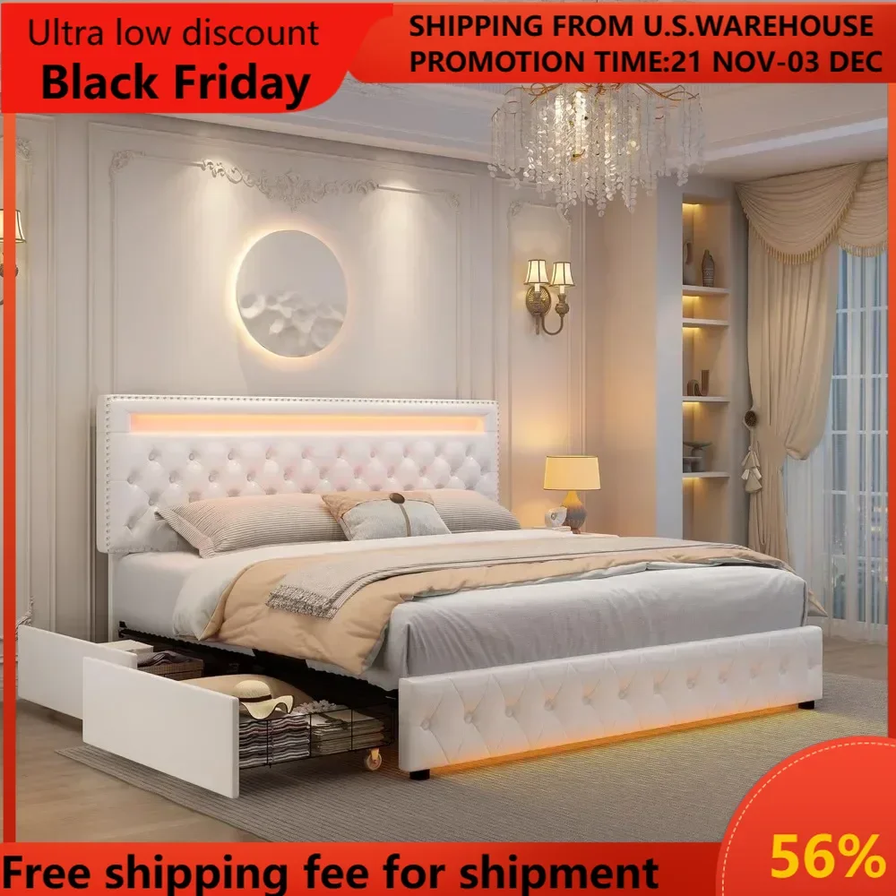 Bed Frame with 4 Storage Drawers, with Smart Control  LED Lights Headboard Footboard, Control DIY Color,Box Spring Optional