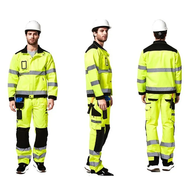 Fluorescent Yellow High Reflective Belt Split Night Work Clothing With Multiple Pockets, Workshop Machine Repair Safety Overall