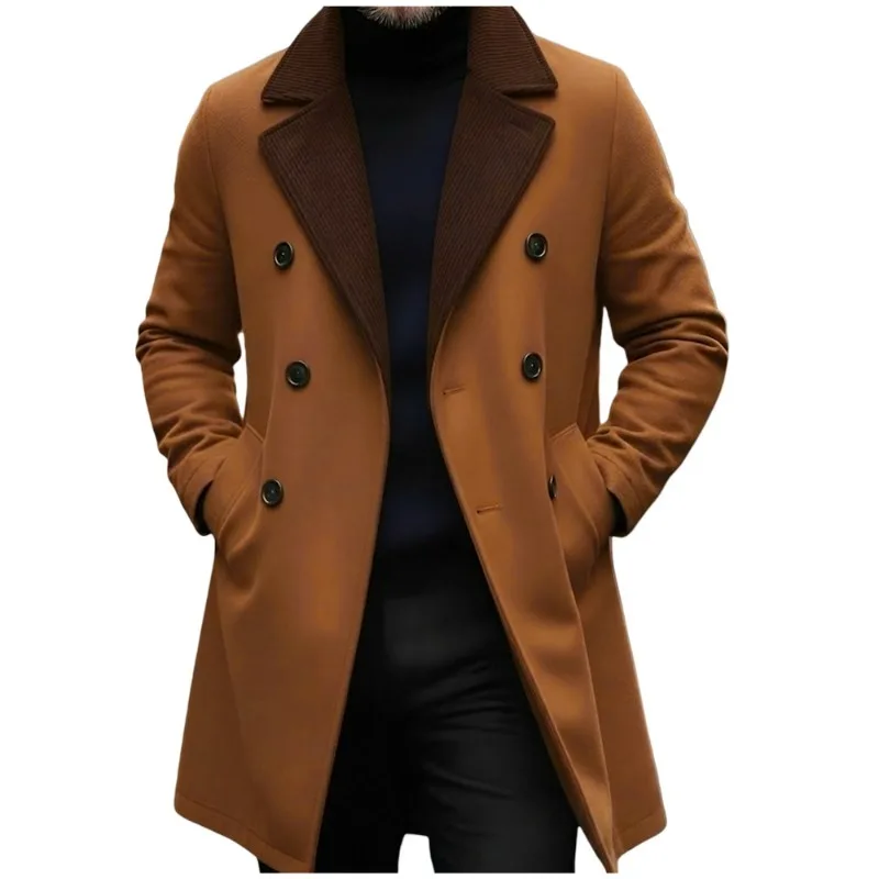 KIDWHXR Autumn Winter Men Overcoat British Style Contrast Color Male Windbreaker Double-breasted Man Mid Length Wool Blends Coat