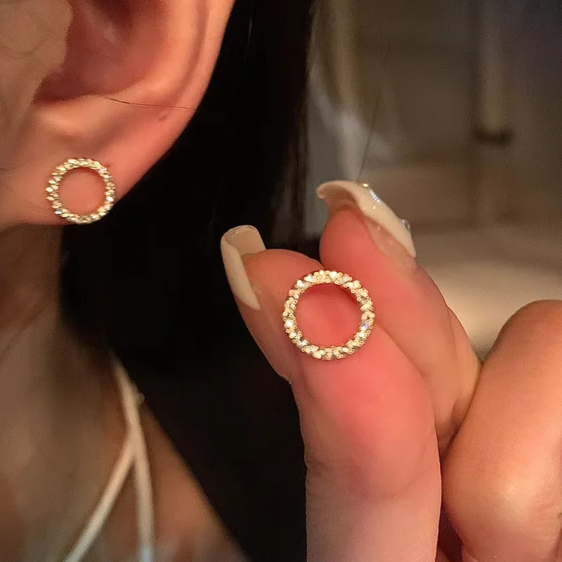 Simple Gold Color S925 Silver Needle Crystal Stud Earrings for women Fashion Jewelry Gift Small Circle Earrings