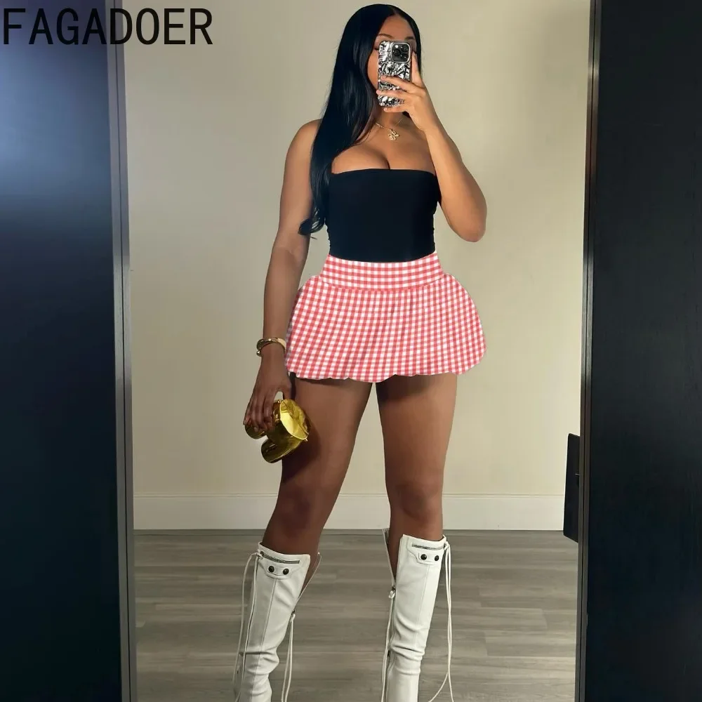 FAGADOER New Leopard Bubble Mini Skirts Plaid Women Elastic High Waist Ruched Pleated Puff Skirts Y2K Streetwear Basic Bottoms