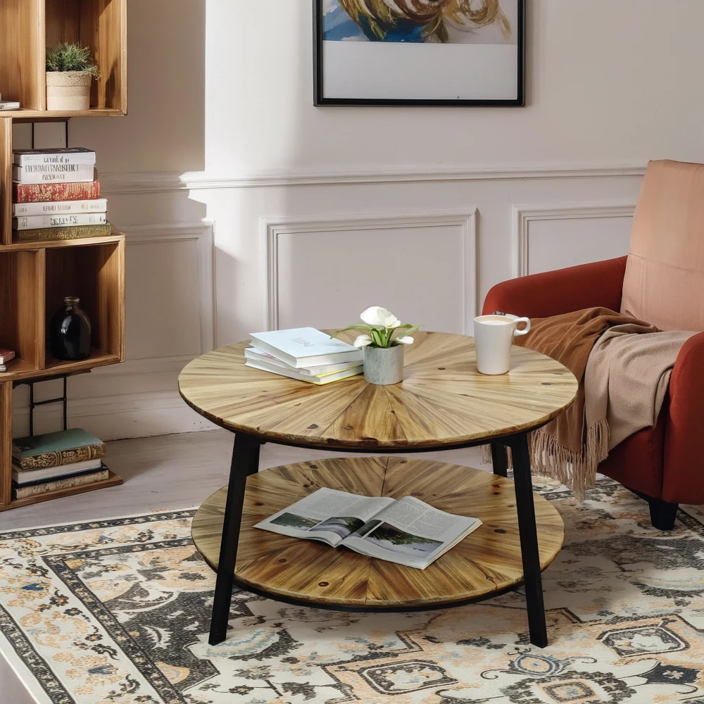 Table basse ronde de 31.5 pouces, brise-café sur pied en bois à double couche avec espace de rangement ouvert pour le salon et la chambre à coucher