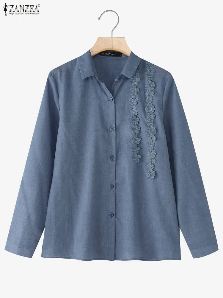 

ZANZEA 2022, осенние рубашки, офисная женская блузка, винтажные топы с лацканами и длинными рукавами, повседневные однотонные блузки на пуговицах, туника оверсайз