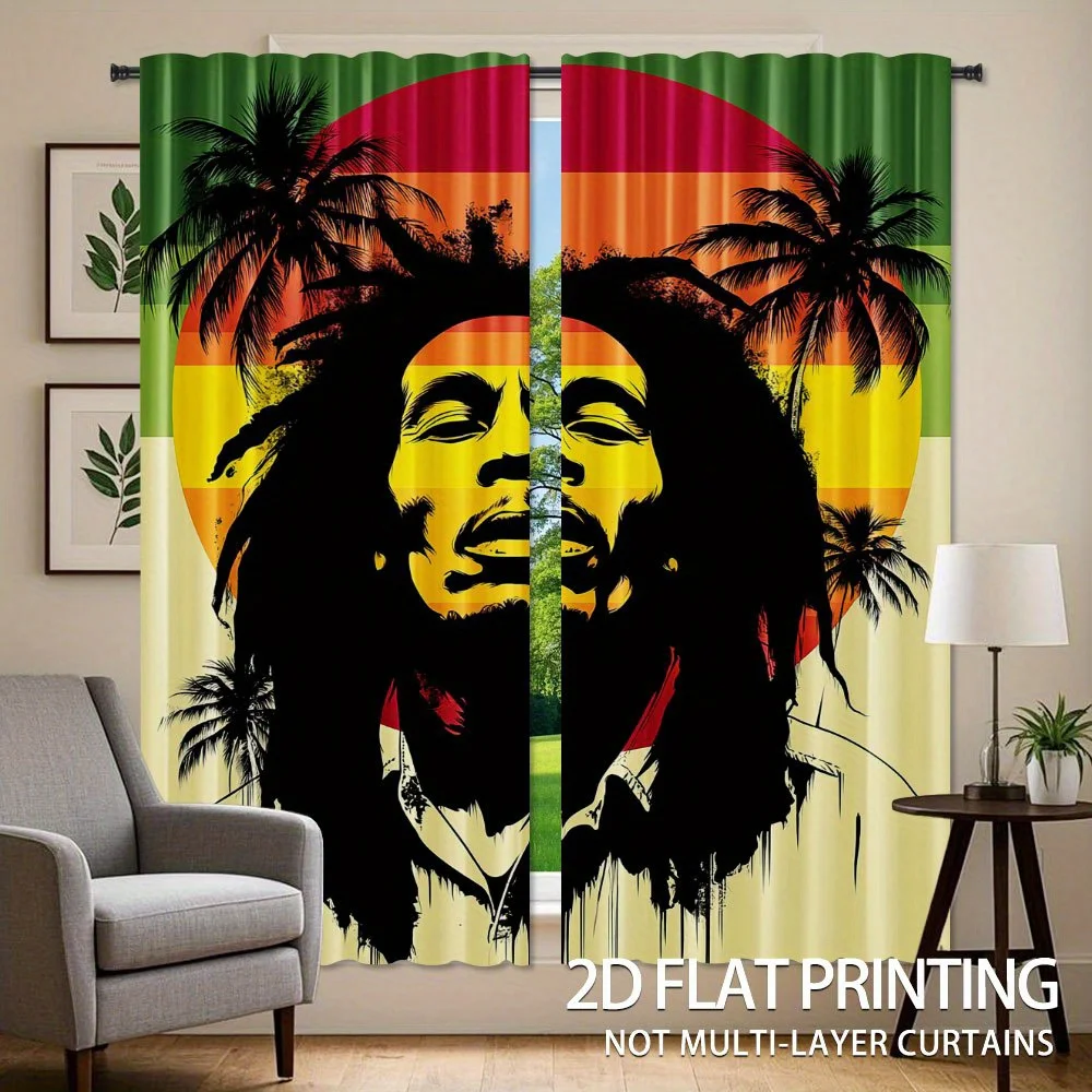 2pcs Reggae Curtains Bob Marley Palm Tree Window Drapes Rasta Music Theme Living Room Decor Vintage Vibe Panel
