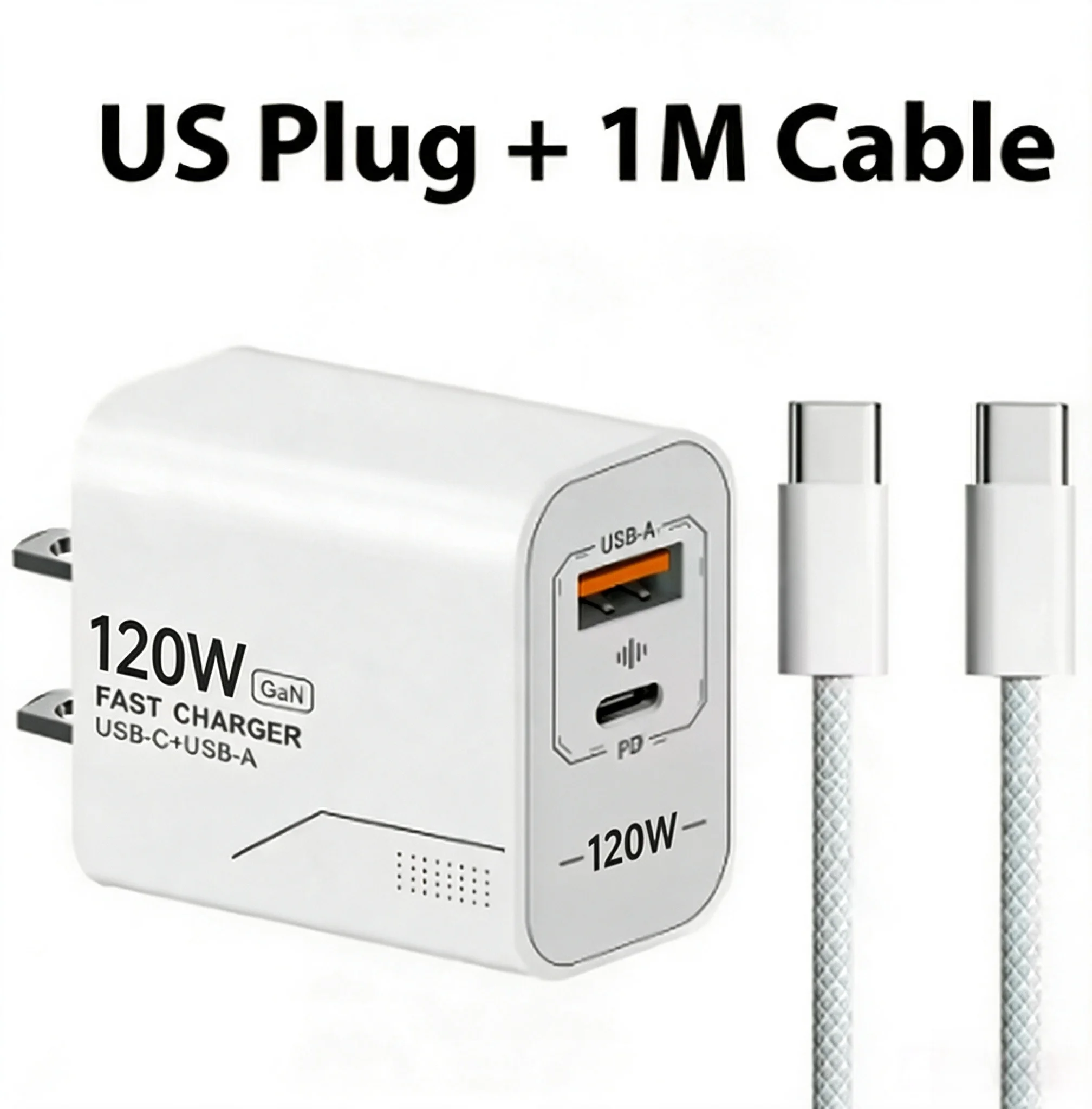 120W GaN USB-C oplader met 2 poorten, snelladen, telefoonoplader, voedingsadapter voor iPhone, Samsung, Xiaomi, type C, Amerikaanse stekker, wandlader