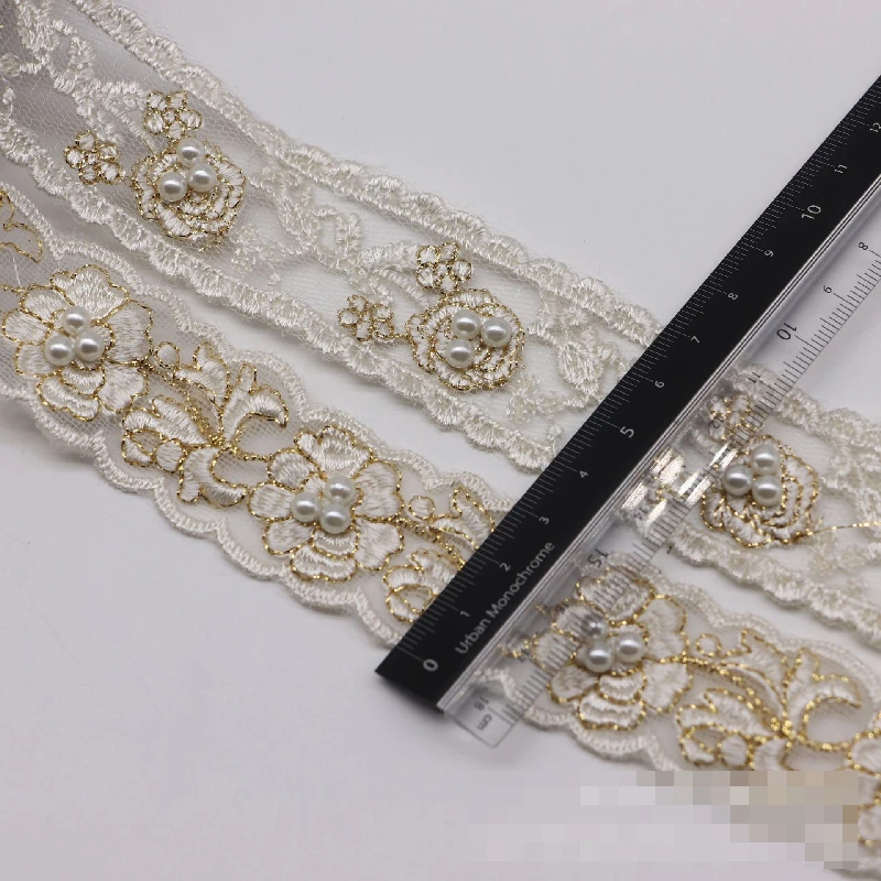 Ethnic Style Gold Thread Embroidery Lace with Beads, High-Light Pearl Trim, Handmade DIY Clothing Accessory for Ethnic Fashion