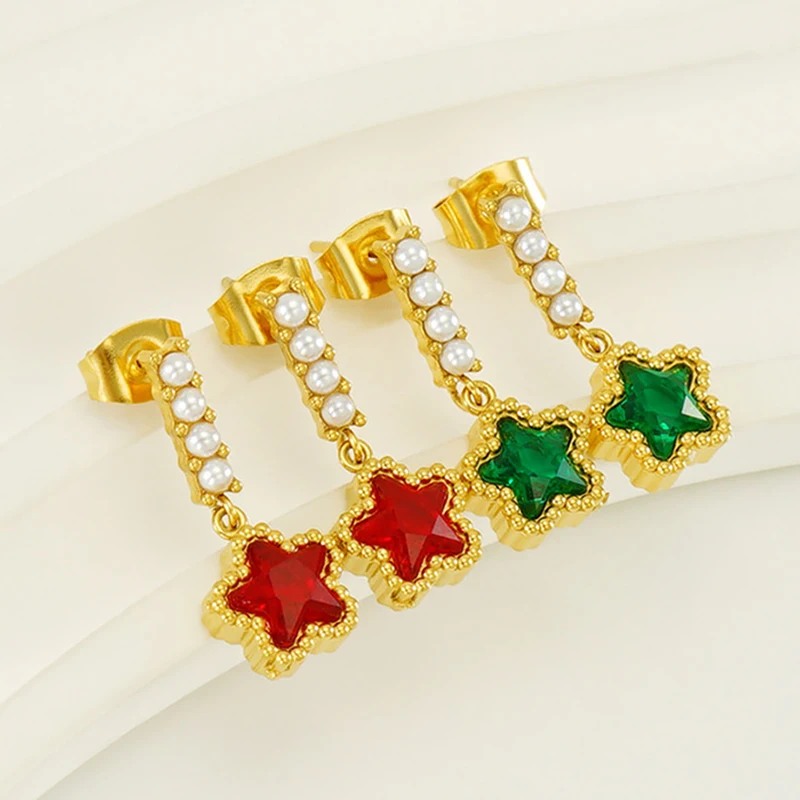 10個入り-ファッション-ステンレススチール-金メッキ-キュービックジルコニア-スターペンダント-パール-ドロップイヤリング-レディース