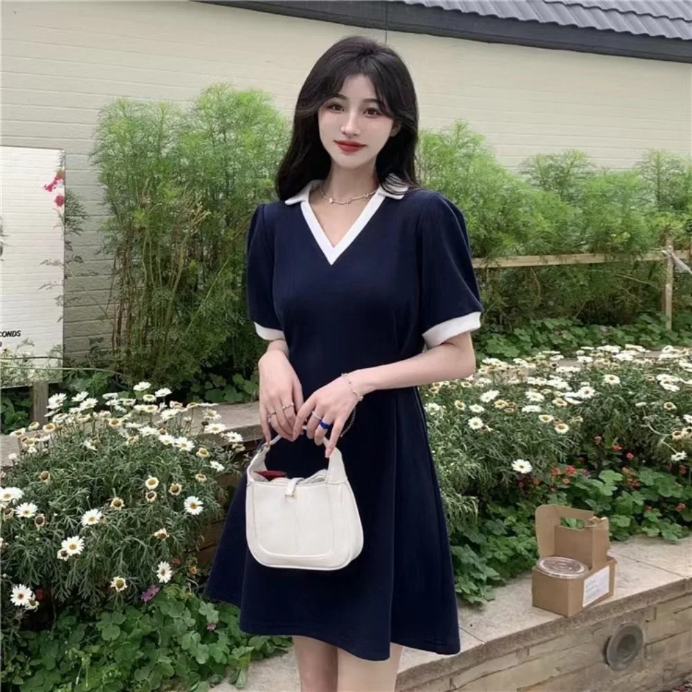 أزياء الأزرق ألف خط فستان قصير سليم صالح المرقعة فستان قصير أنيق الخامس الرقبة بسيط عالية الخصر فستان عطلة