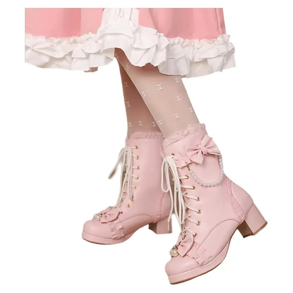 Sweet Bow Pink Lolita Shoes for Girls Elegant Ruffle Beaded Square Platform Ankle Boots Women Princess Cosplay Footwear