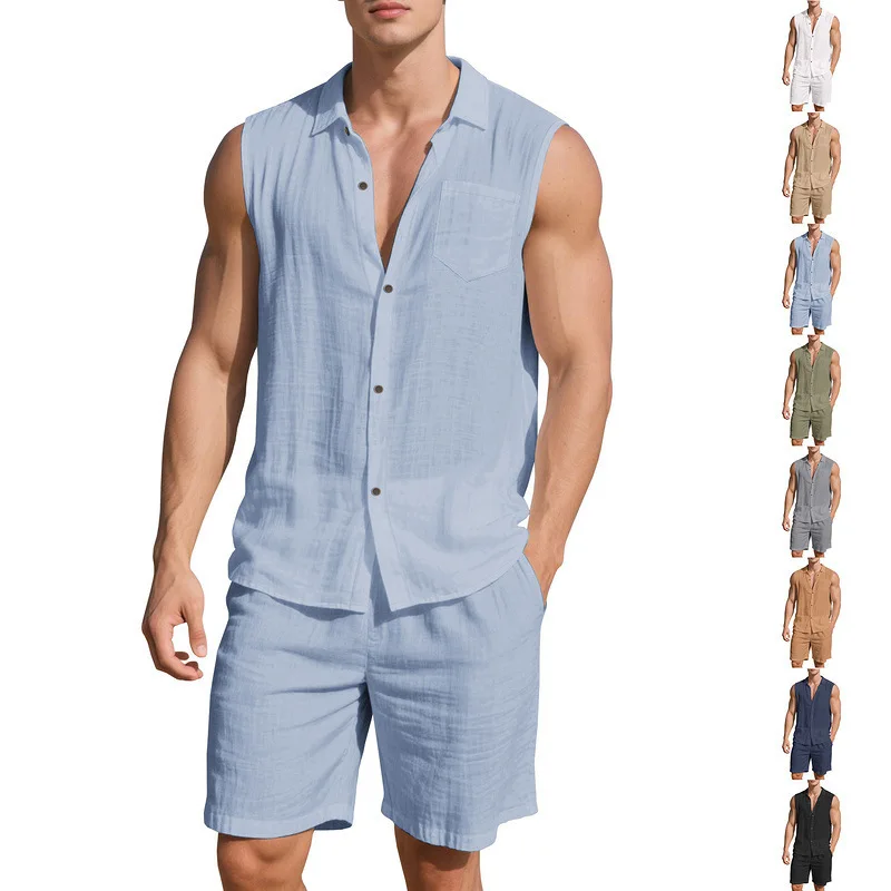 

Men's Linen 2 Piece Suit Shorts & Sleeveless Vest Notch Lapel Lightweight Unlined Summer Beach Wedding Resort Groom Breathable