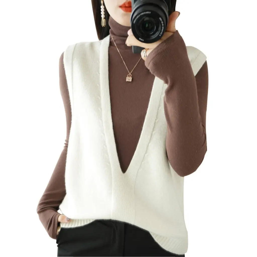 

Women's Wool Blended Knitted Vest Pure Color V-Neck Pullover Outerwear Loose Fit Autumn Winter New Style